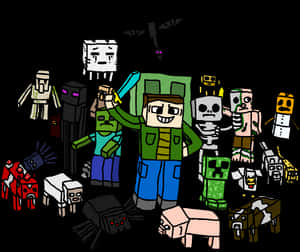 Minecraft角色和生物聚集在黑暗場景中。 — 我的世界 壁紙