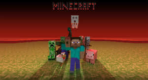 Minecraft角色包括玩家、喪屍、爬行者同豬喺日落時嘅像素化田野。