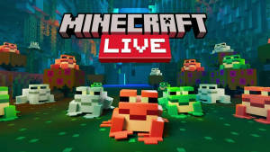 Minecraft Live活動，在水下環境中展示像素青蛙和珊瑚。