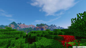 Minecraft景觀，有綠色山丘、紅色蘑菇和遠處的山脈，在藍天下