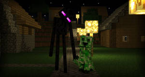 夜晚的Minecraft村莊中，爬行者和凋零怪與發光的燈籠。