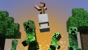 Minecraft玩家在像素森林中跳過苦力怕。
