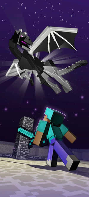 Minecraft玩家在星空夜空下面對一隻黑龍。 — POCO M 壁紙