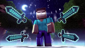 Minecraft角色被發光的鑽石劍包圍，背景是星空。