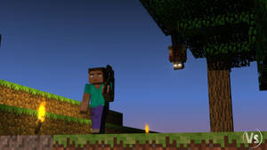 Minecraft角色在黃昏的樹下靠近火炬手持武器