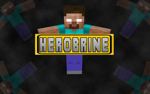 像素化的Herobrine角色，眼睛發光，站在一個寫著Herobrine的黃色標誌後面。