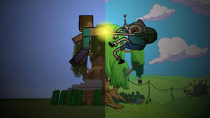 一個Minecraft巨人和一個卡通英雄在草地上藤蔓上盪來盪去。