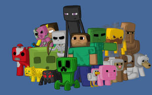 Minecraft角色，包括Steve、Creeper和動物，以方塊風格呈現。