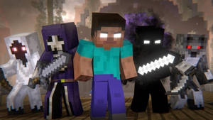 Minecraft玩家在夜晚的黑暗森林中被敵對生物包圍。