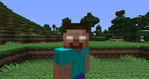 Minecraft角色在草地方塊景觀中，有樹木和山丘。