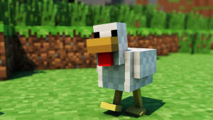 一隻像素化的Minecraft雞站在草地上，背景是方塊風格。