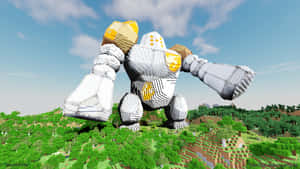 帶有金色細節的巨大像素化機械人，站在Minecraft風格的綠色山丘上。