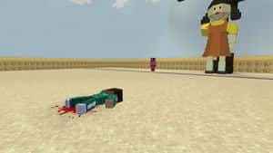一個像素化的Minecraft角色死在沙地上，血跡靠近一個站立的娃娃人物。