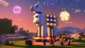 Minecraft角色在日落時分於一座巨大的像素馬雕像附近慶祝煙花。 — 煙火 壁紙