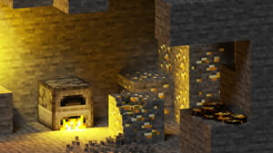 Minecraft洞穴，有發光的金礦和熔爐投射溫暖光芒。
