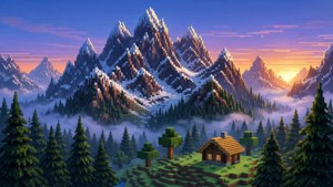 森林中的像素藝術小屋，夕陽下的雪山。