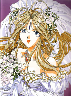 金髮動漫新娘身穿白色婚紗，手持一束白色鮮花。 — 靚靚動畫 壁紙