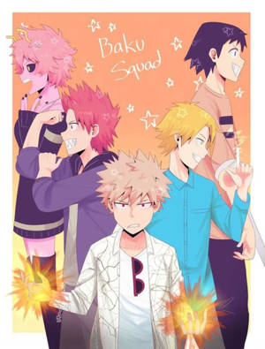 動漫團隊「Baku Squad」，在橙色背景上，雙手發光，帶有星星點綴。