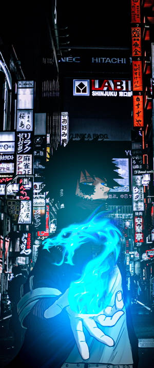 動漫角色與發光藍色龍在夜晚的霓虹東京小巷中。 — 荼毘 GIF 壁紙