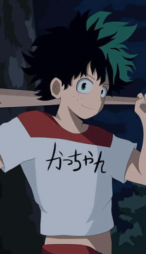 動漫男孩，綠色和黑色頭髮，在夜晚的黑暗森林中拿著棒球棒。 — 動畫手機GIF 壁紙