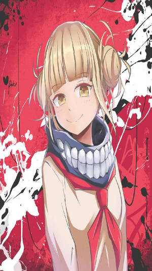 動漫女孩金色雙馬尾牙齒圍巾微笑紅色白色潑濺背景 — Himiko toga GIF 壁紙