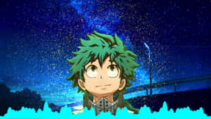 在充滿發光粒子的星空下，有著綠色頭髮的動漫男孩。 — 反派出久 壁紙