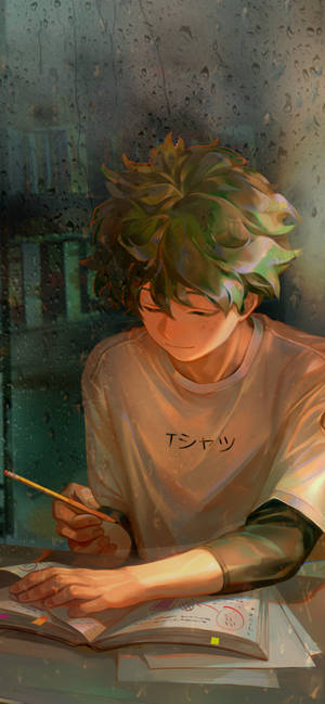 綠色頭髮的動漫男孩在雨窗邊書桌學習。 — iPhone 13 Pro Max 壁紙