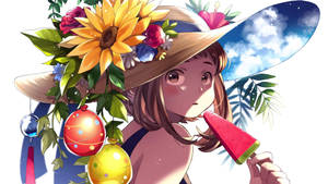 戴花帽的動漫女孩在晴天吃西瓜冰棒