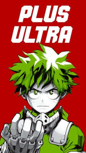 動漫角色，綠色頭髮和眼鏡，在帶有'PLUS ULTRA'文字的紅色背景上握緊裝甲拳頭。