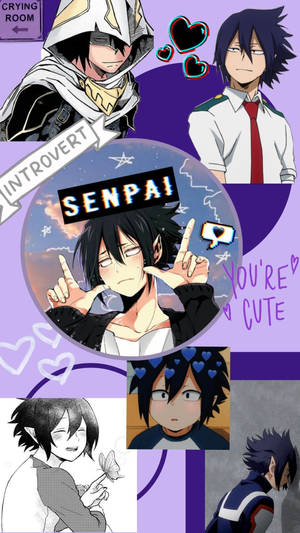 動漫角色拼貼畫，以紫色背景為襯，包含心形圖案和「senpai」、「introvert」等文字。