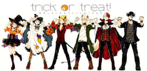 七個動漫角色穿著萬聖節服裝，與 'trick or treat!' 文字一起擺姿勢。