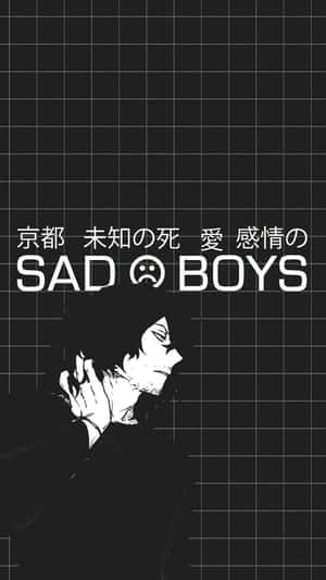 動畫男孩表情悲傷，手放在頭上，背景為網格，帶有文字。