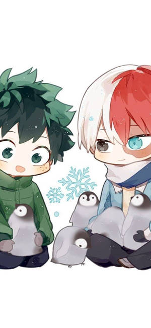 兩個動漫男孩與企鵝坐在雪景中，雪花飄浮。