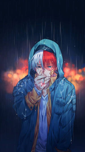 紅白頭髮的動漫男孩在火紅天空下雨中抽煙。 — 我的英雄學院 壁紙