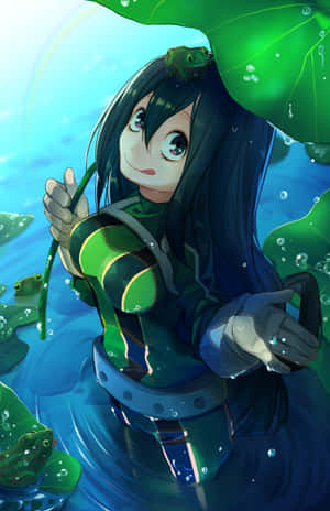 穿著綠色潛水衣的動漫女孩在水中與青蛙和睡蓮一起微笑。 — Honor MagicPad 3 Pro 12.3 壁紙