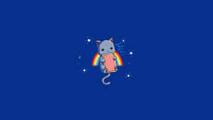 灰色卡通貓咪，彩虹尾巴，在藍色背景的星星中拿著一片西瓜