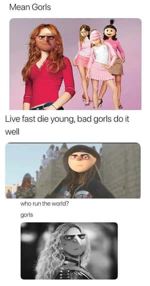 三個動畫角色穿著粉紅色服裝，粗體文字寫著「Live fast die young, bad gorls do it well」和「who run the world? gorls」 — 雪糕 壁紙