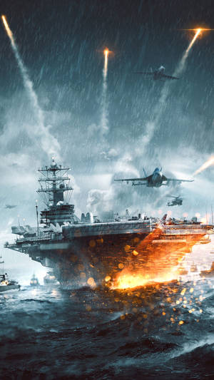 軍艦在波濤洶湧的海上遭受攻擊，戰鬥機在上空飛過。 — 使命召喚：現代戰爭 壁紙