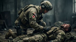 士兵在戰火摧殘的城市環境中為受傷的戰友提供醫療援助。 — 使命召喚：現代戰爭 壁紙