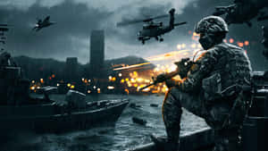雨中的士兵，直升機和噴射機在夜晚燃燒的城市上空 — 軍事動圖 壁紙