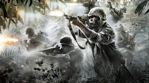 士兵在叢林中以槍火和煙霧戰鬥。