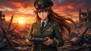 身穿制服的動漫女戰士在夕陽下，於被毀建築物中拿著遙控器。