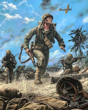 士兵在熱帶海灘上戰鬥，背景有坦克和飛機。 — 戰爭 壁紙