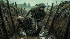 士兵在雨中戰鬥中掙扎穿過泥濘戰壕。