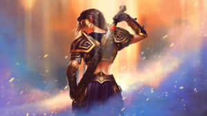 一位身穿盔甲的奇幻女戰士，在宇宙天空下手持發光劍。