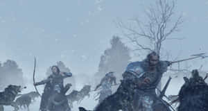 戰士與狼群在冬季雪林中戰鬥。 — 狼 壁紙
