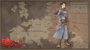 身穿藍色制服的動漫女兵站在1935年歐洲政治地圖上。