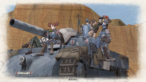 動漫士兵在沙漠峽谷的坦克上閒逛。