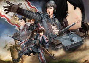 動漫士兵穿著灰色和紅色裝備，在塵土飛揚的戰場上持步槍和坦克前進。