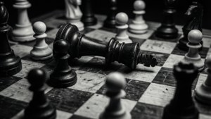 一個翻倒的黑色國王棋子，在磨損的棋盤上，周圍有其他棋子。